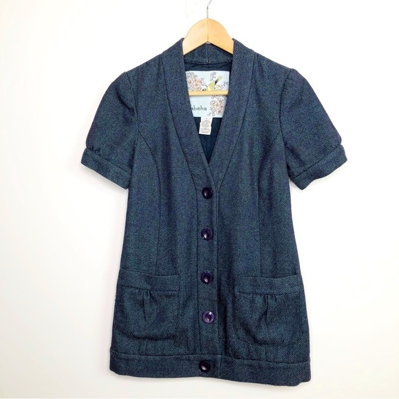 TABITHA, blue textured button, front short sleeve blazer - Picture 1 of 9